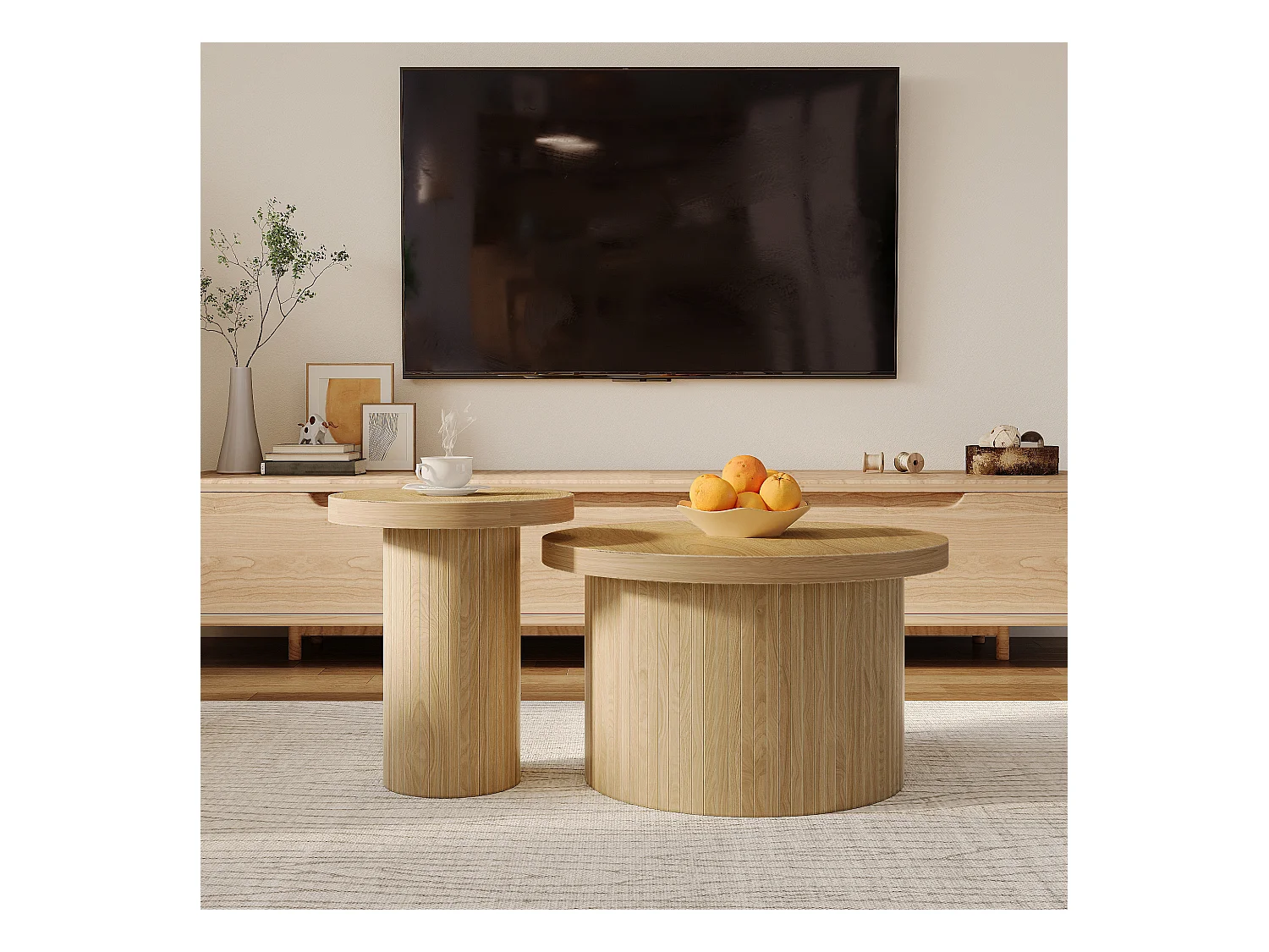 Table basse ronde double, table d’appoint avec lattes en bois naturel – table de salon multifonction