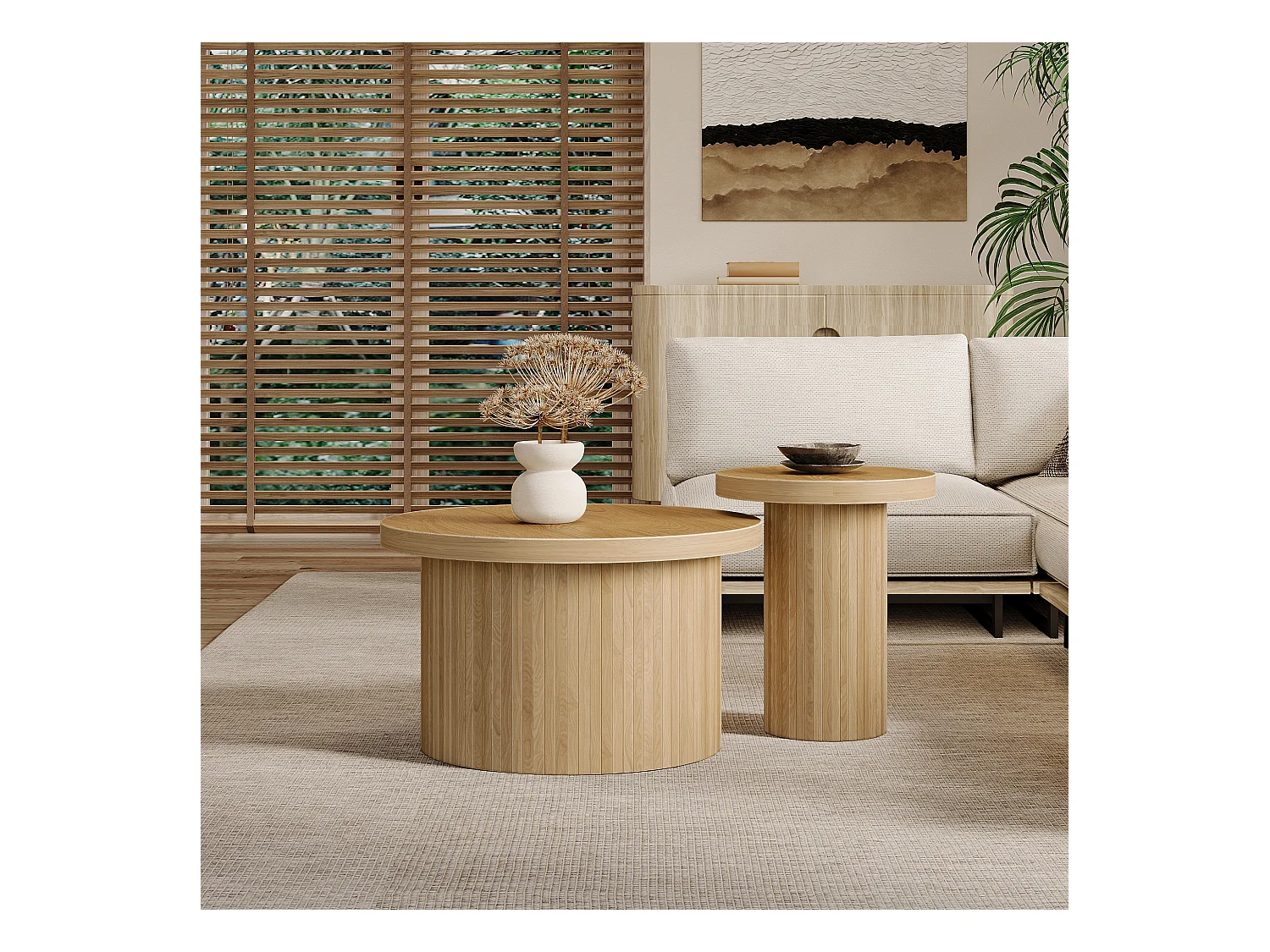 Table basse ronde double, table d’appoint avec lattes en bois naturel – table de salon multifonction