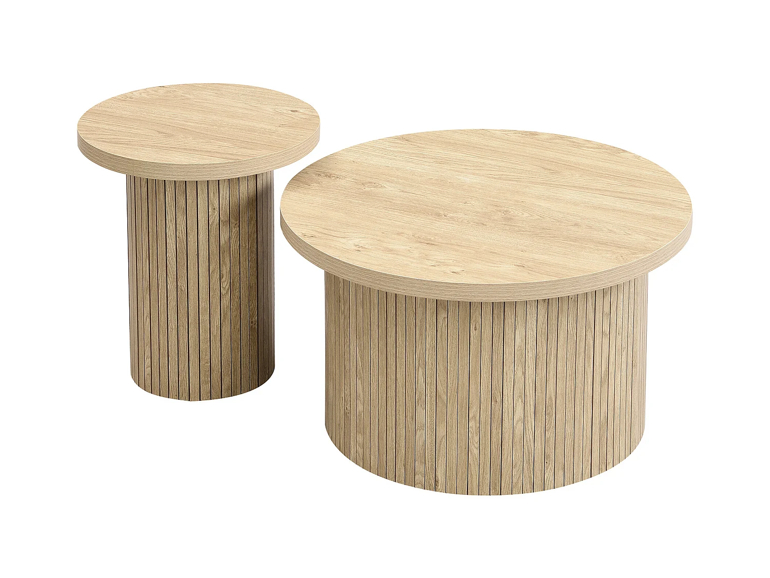 Table basse ronde double, table d’appoint avec lattes en bois naturel – table de salon multifonction