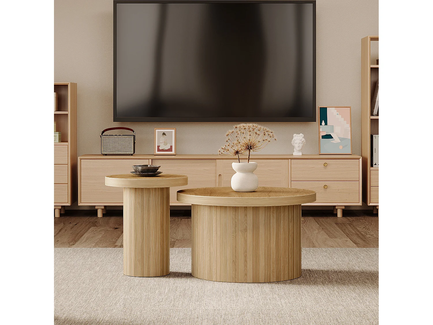 Table basse ronde double, table d’appoint avec lattes en bois naturel – table de salon multifonction