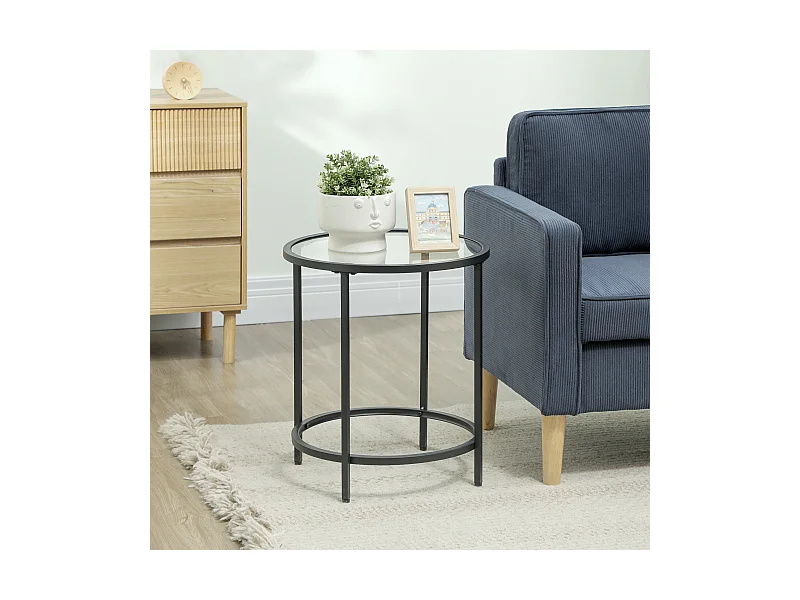 Table d'appoint ronde – Table basse avec plateau en verre et cadre métallique, table de chevet pour salon et chambre, Noir