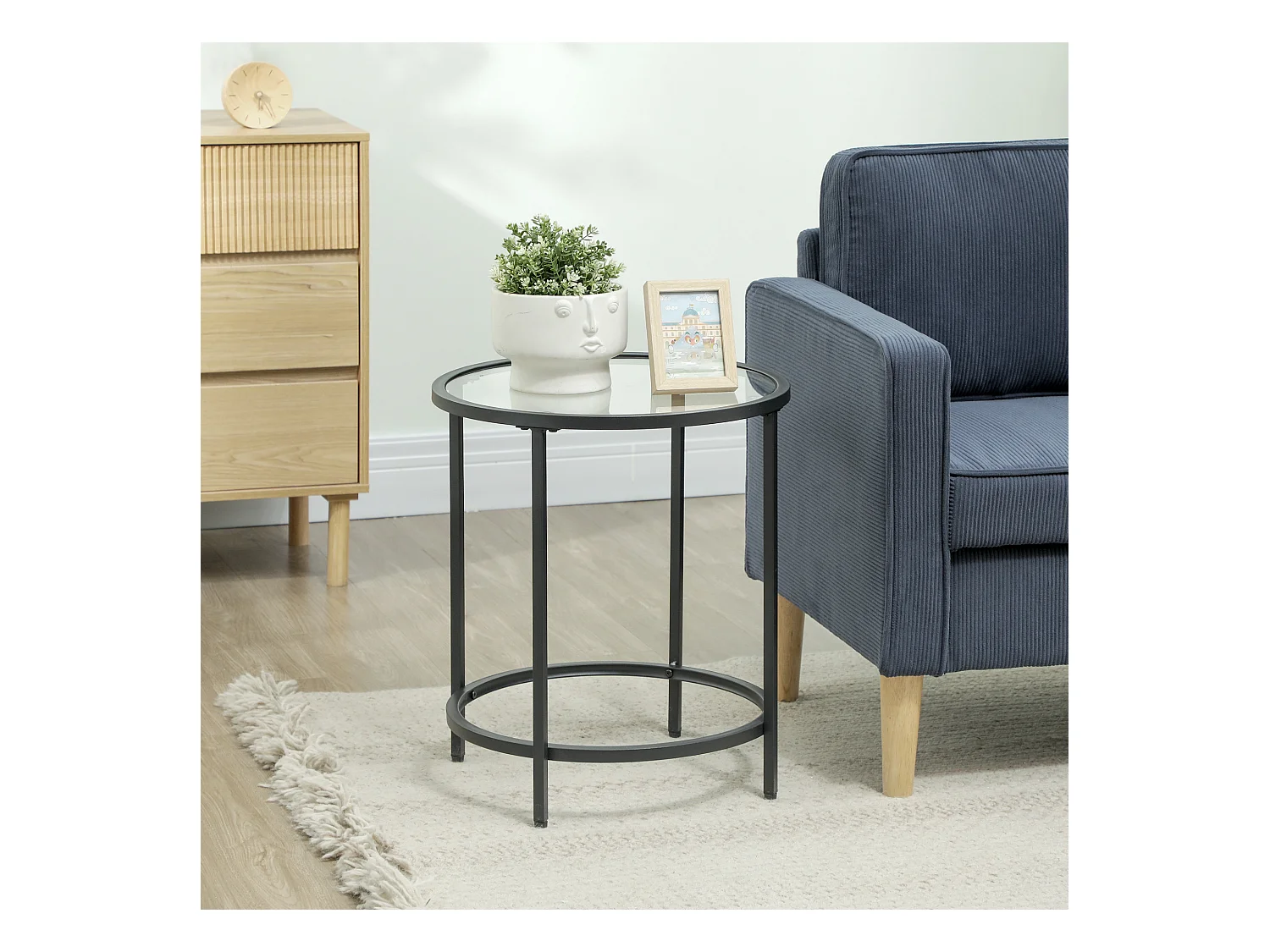 Table d'appoint ronde – Table basse avec plateau en verre et cadre métallique, table de chevet pour salon et chambre, Noir