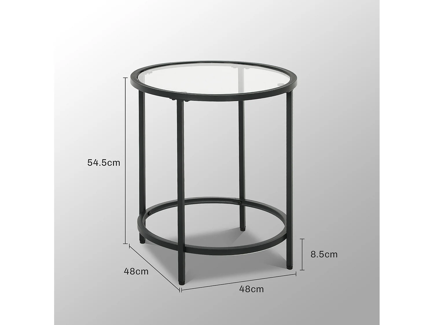 Table d'appoint ronde – Table basse avec plateau en verre et cadre métallique, table de chevet pour salon et chambre, Noir