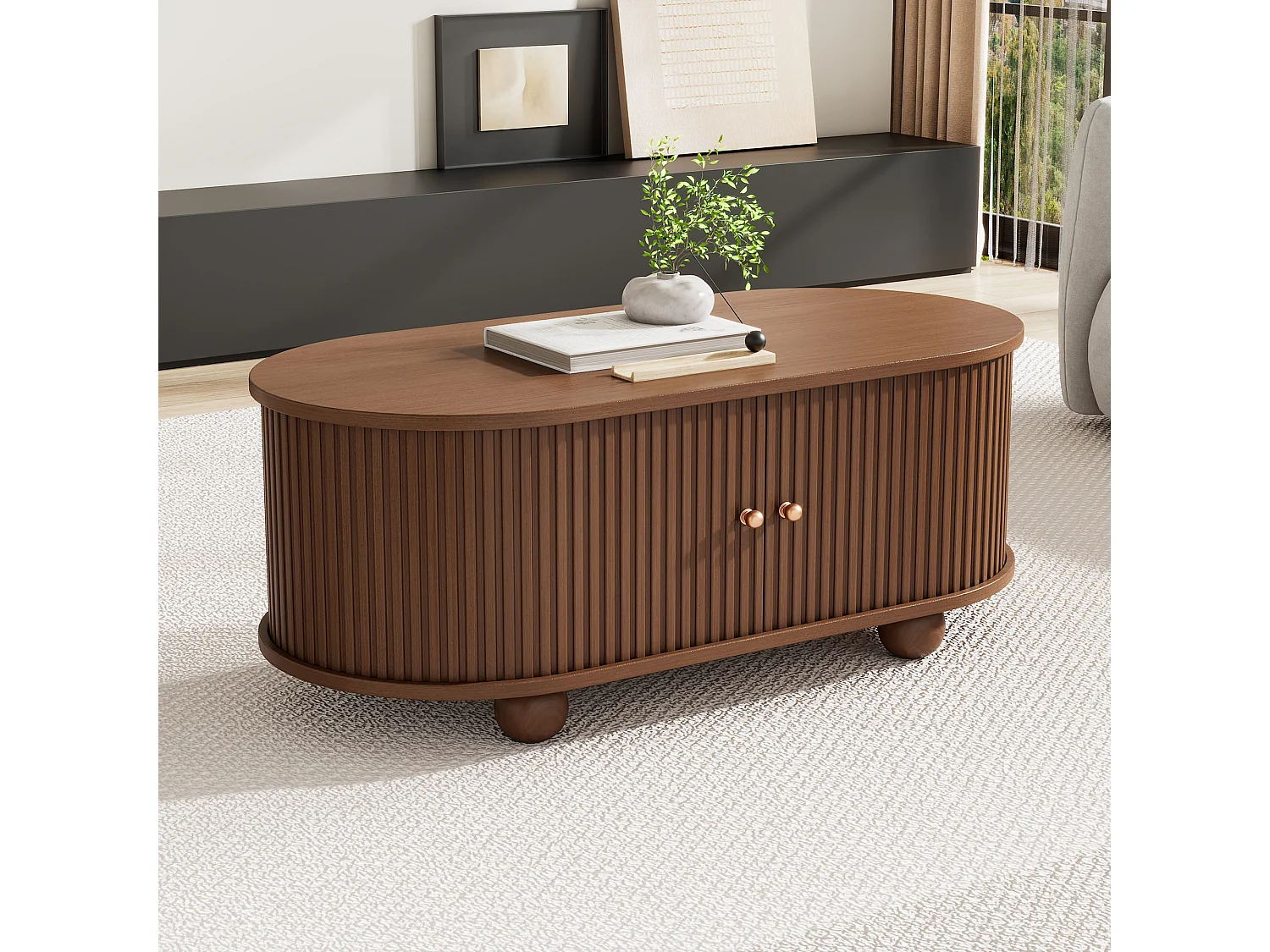 Table basse en bois de noyer 100×50×40 cm, multifonction avec espace de rangement, porte coulissante 360° et 4 pieds, gain de place.