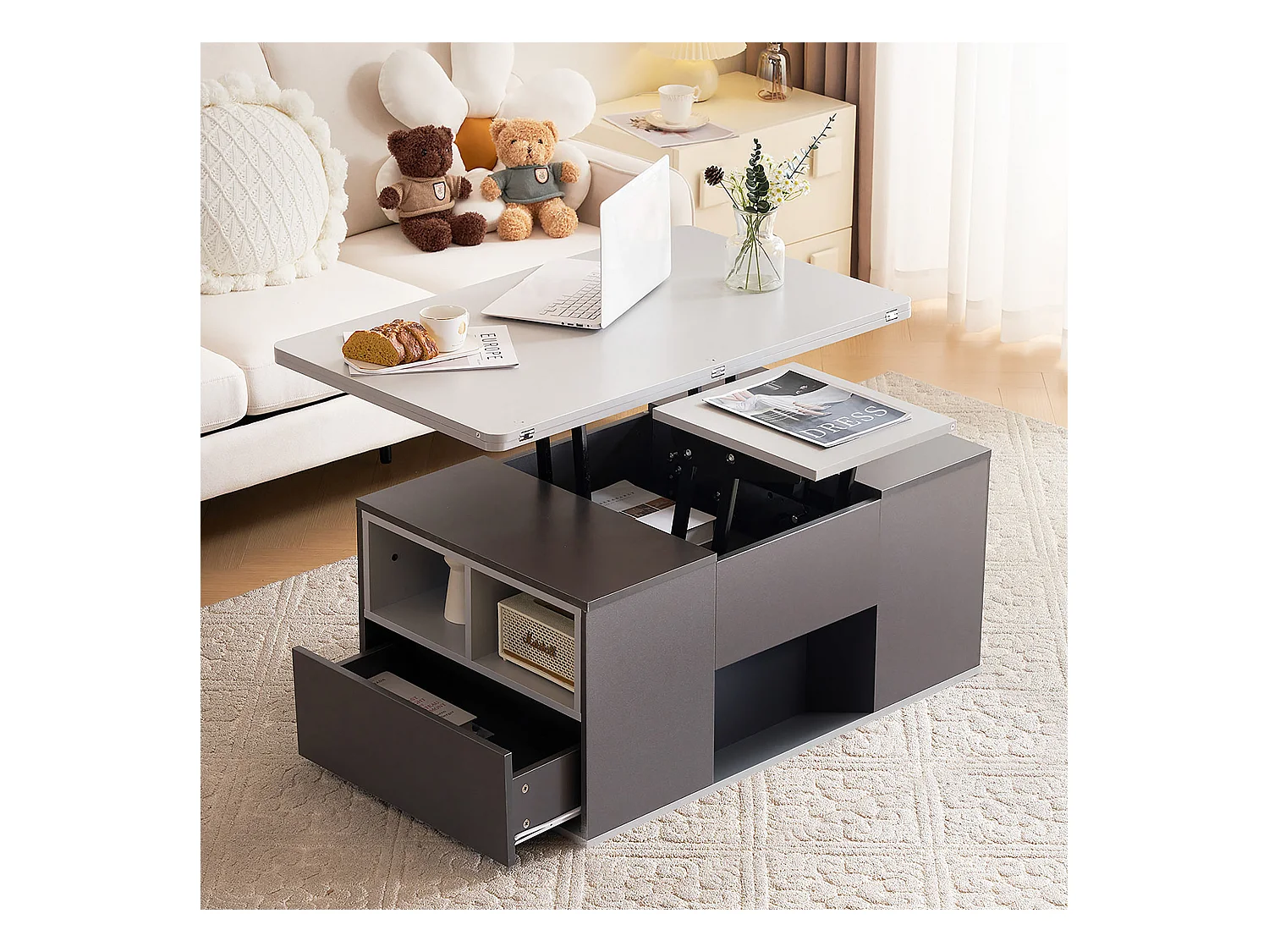 Table basse multifonction avec plateau réglable, s’ouvre en 2 tables, gris foncé + gris clair, grande capacité, meuble moderne salon.