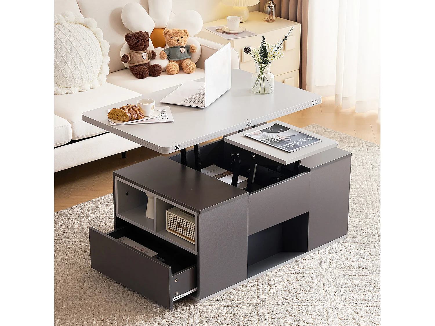 Table basse multifonction avec plateau réglable, s’ouvre en 2 tables, gris foncé + gris clair, grande capacité, meuble moderne salon.
