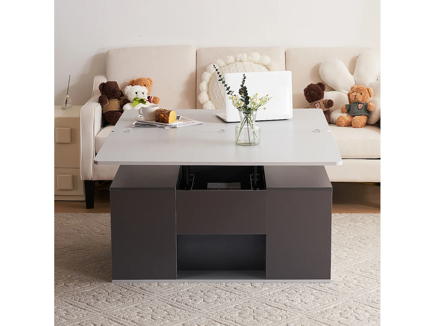 Table basse multifonction avec plateau réglable, s’ouvre en 2 tables, gris foncé + gris clair, grande capacité, meuble moderne salon.