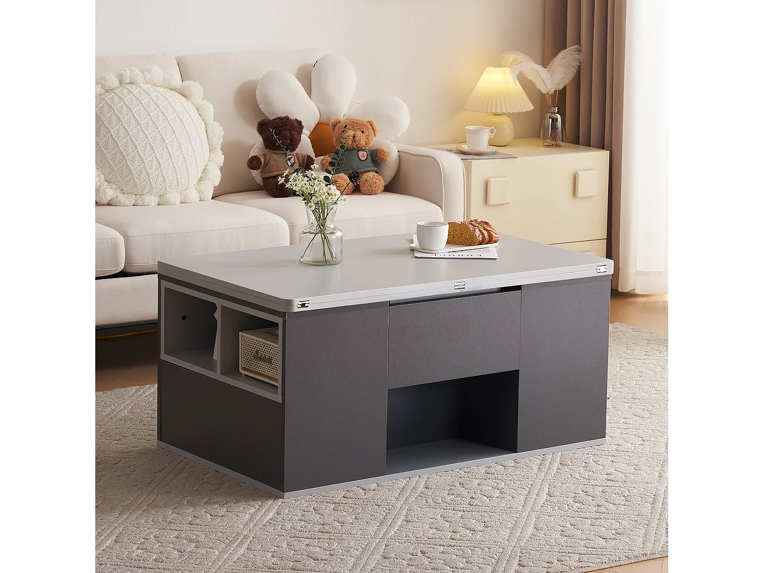 Table basse multifonction avec plateau réglable, s’ouvre en 2 tables, gris foncé + gris clair, grande capacité, meuble moderne salon.