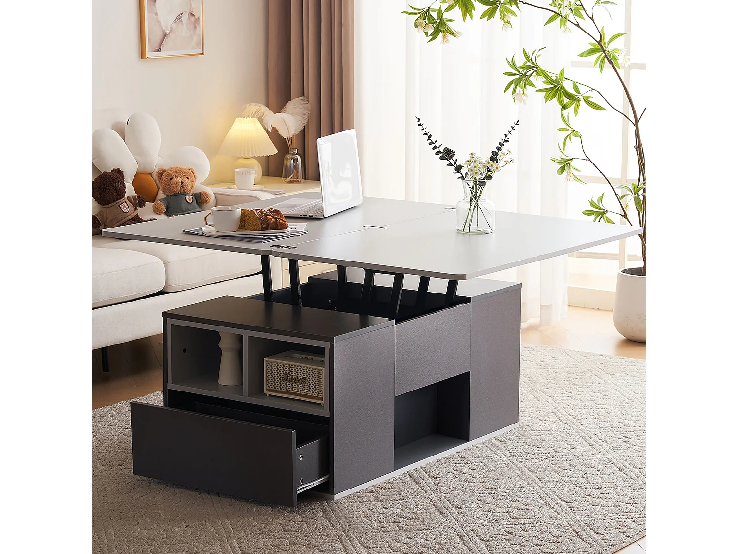 Table basse multifonction avec plateau réglable, s’ouvre en 2 tables, gris foncé + gris clair, grande capacité, meuble moderne salon.