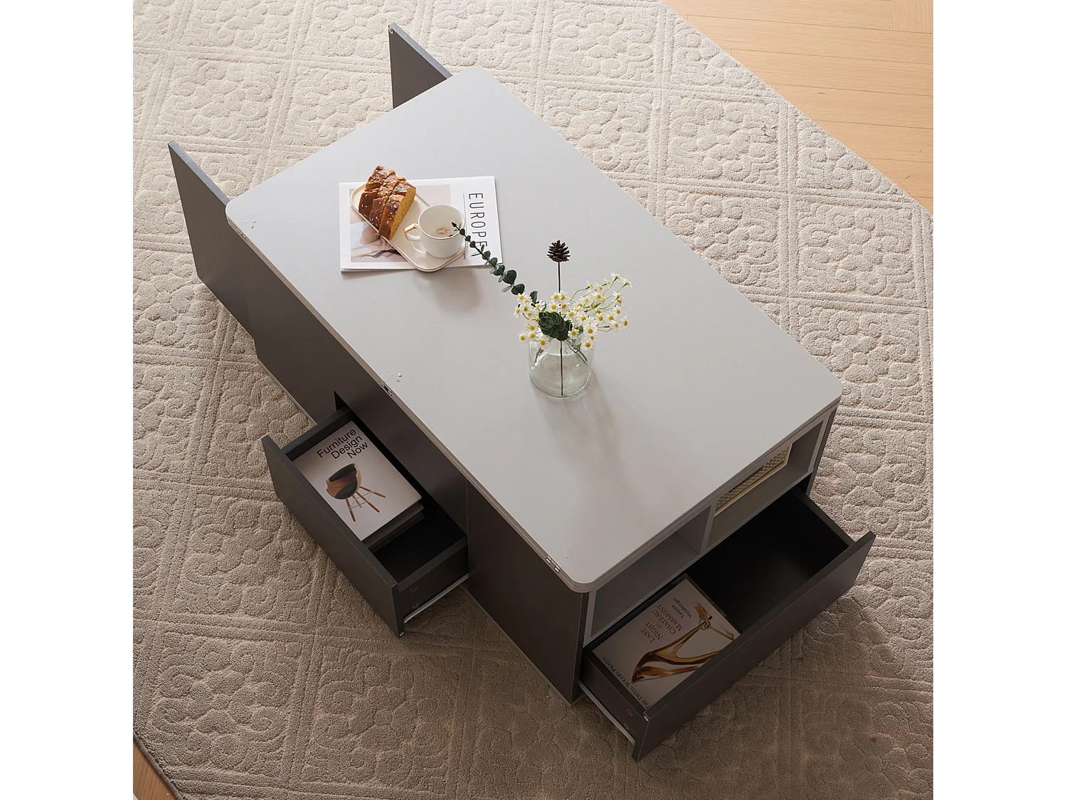 Table basse multifonction avec plateau réglable, s’ouvre en 2 tables, gris foncé + gris clair, grande capacité, meuble moderne salon.