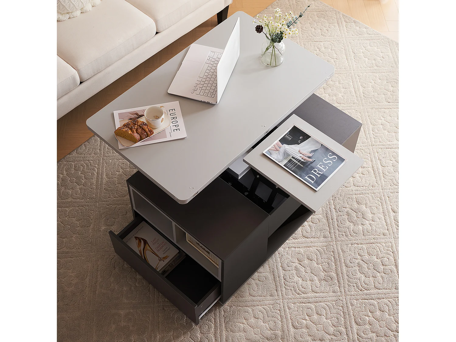Table basse multifonction avec plateau réglable, s’ouvre en 2 tables, gris foncé + gris clair, grande capacité, meuble moderne salon.