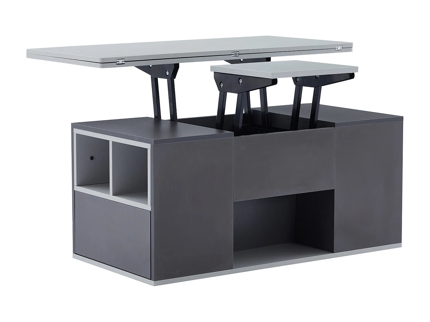 Table basse multifonction avec plateau réglable, s’ouvre en 2 tables, gris foncé + gris clair, grande capacité, meuble moderne salon.