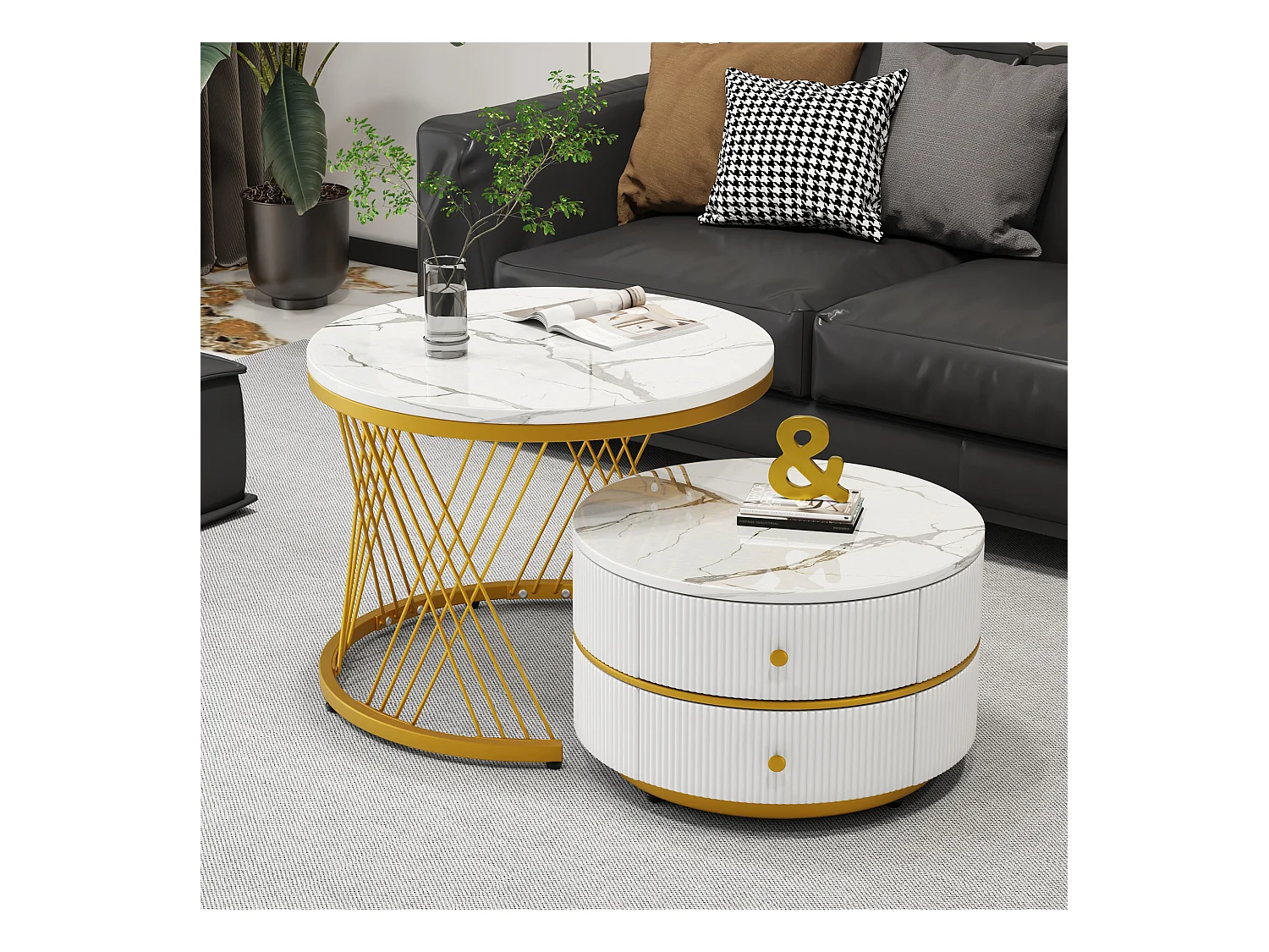 Set de tables basses empilables 2 pièces, design élégant, finition effet marbre brillant, 2 tiroirs, capacité de charge jusqu'à 30 kg