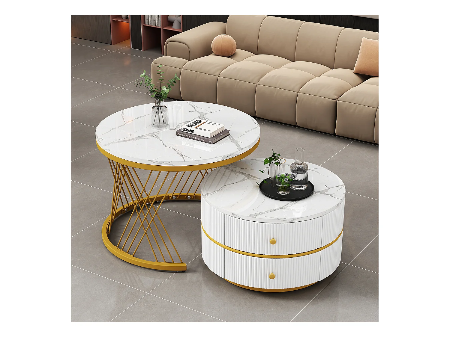 Set de tables basses empilables 2 pièces, design élégant, finition effet marbre brillant, 2 tiroirs, capacité de charge jusqu'à 30 kg