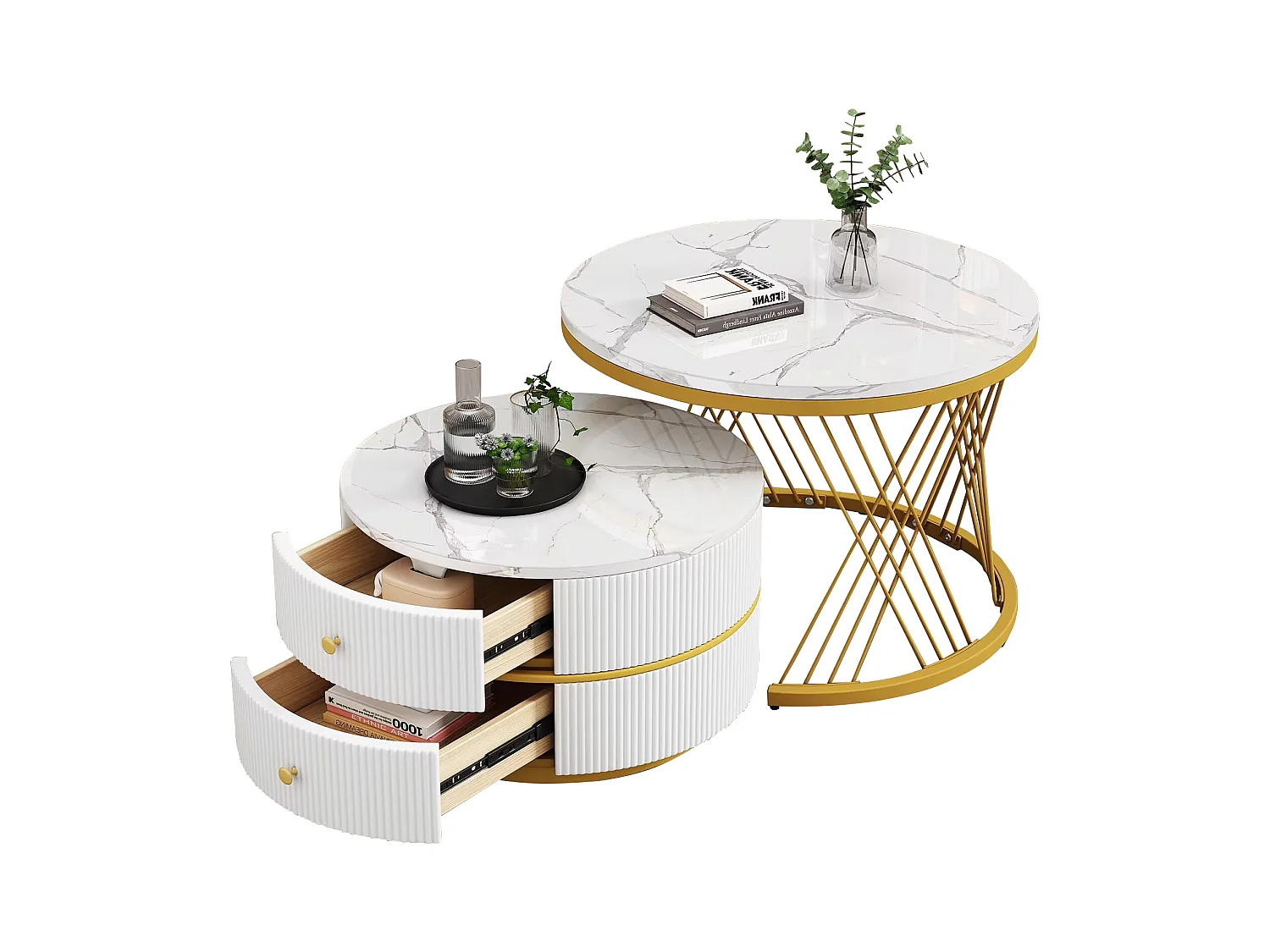 Set de tables basses empilables 2 pièces, design élégant, finition effet marbre brillant, 2 tiroirs, capacité de charge jusqu'à 30 kg