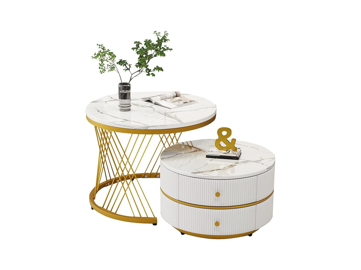 Set de tables basses empilables 2 pièces, design élégant, finition effet marbre brillant, 2 tiroirs, capacité de charge jusqu'à 30 kg