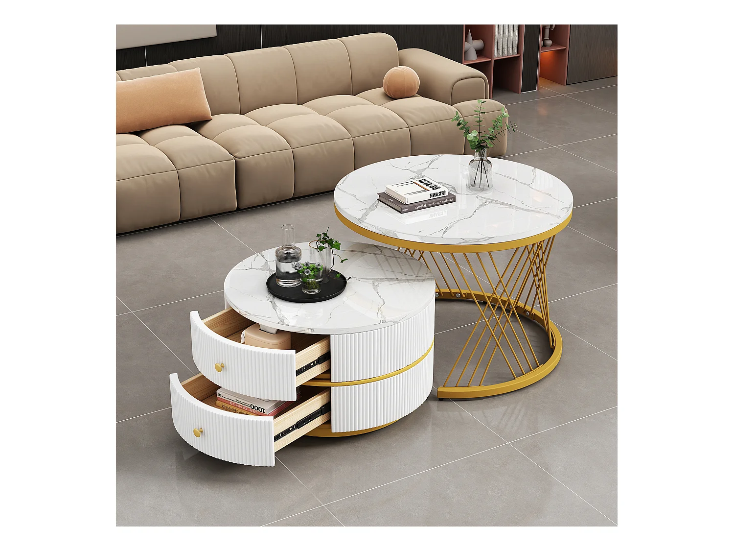 Set de tables basses empilables 2 pièces, design élégant, finition effet marbre brillant, 2 tiroirs, capacité de charge jusqu'à 30 kg
