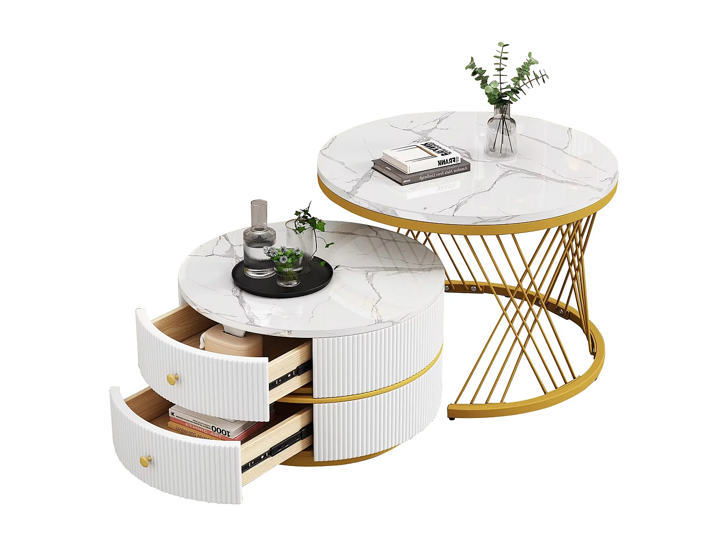 Set de tables basses empilables 2 pièces, design élégant, finition effet marbre brillant, 2 tiroirs, capacité de charge jusqu'à 30 kg