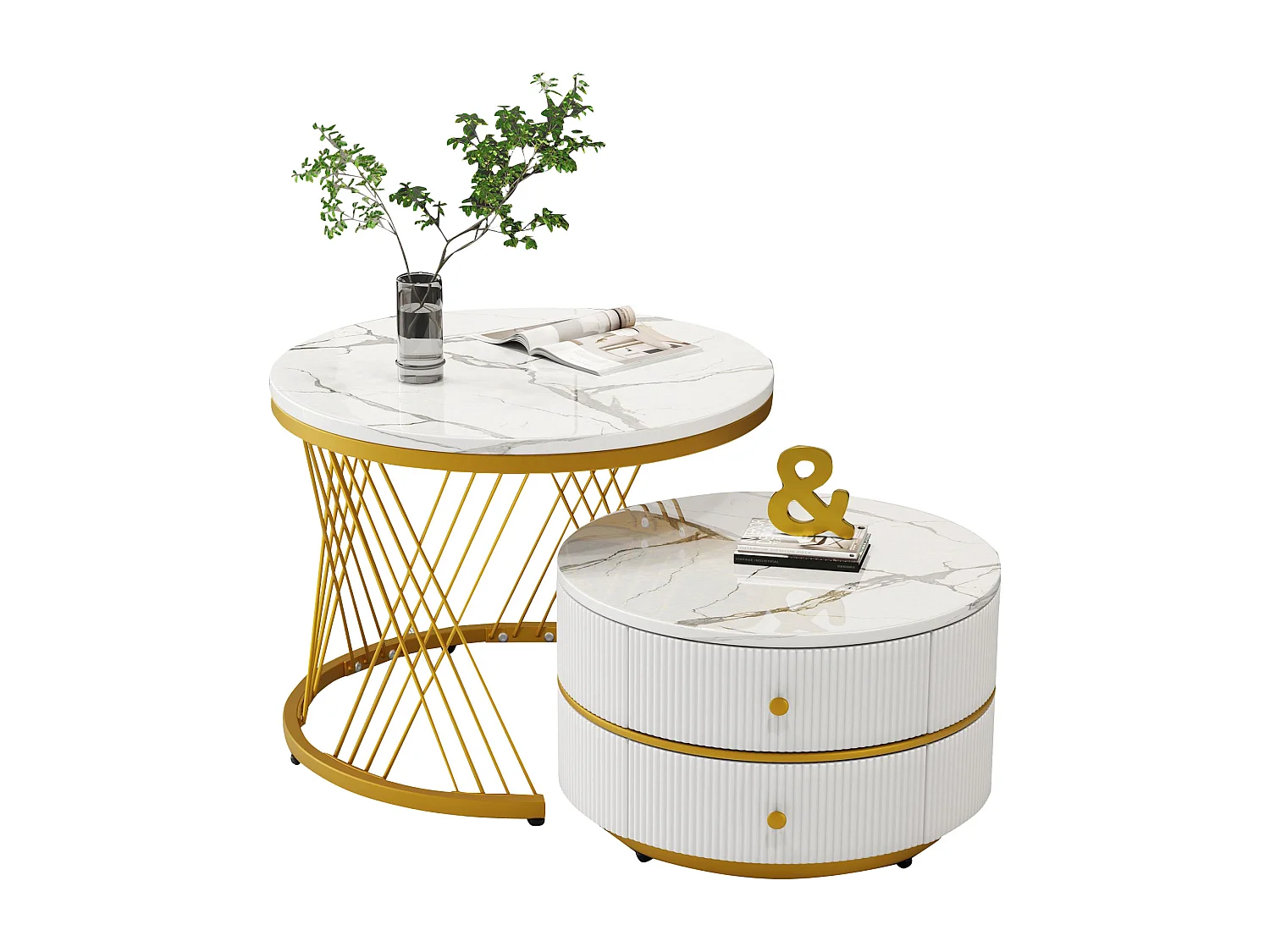 Set de tables basses empilables 2 pièces, design élégant, finition effet marbre brillant, 2 tiroirs, capacité de charge jusqu'à 30 kg