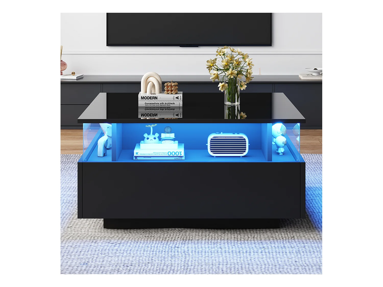 Table basse moderne LED haute brillance 70×70×41 cm avec 2 tiroirs et vitrine transparente, capacité 30 kg, idéale pour salon stylé.
