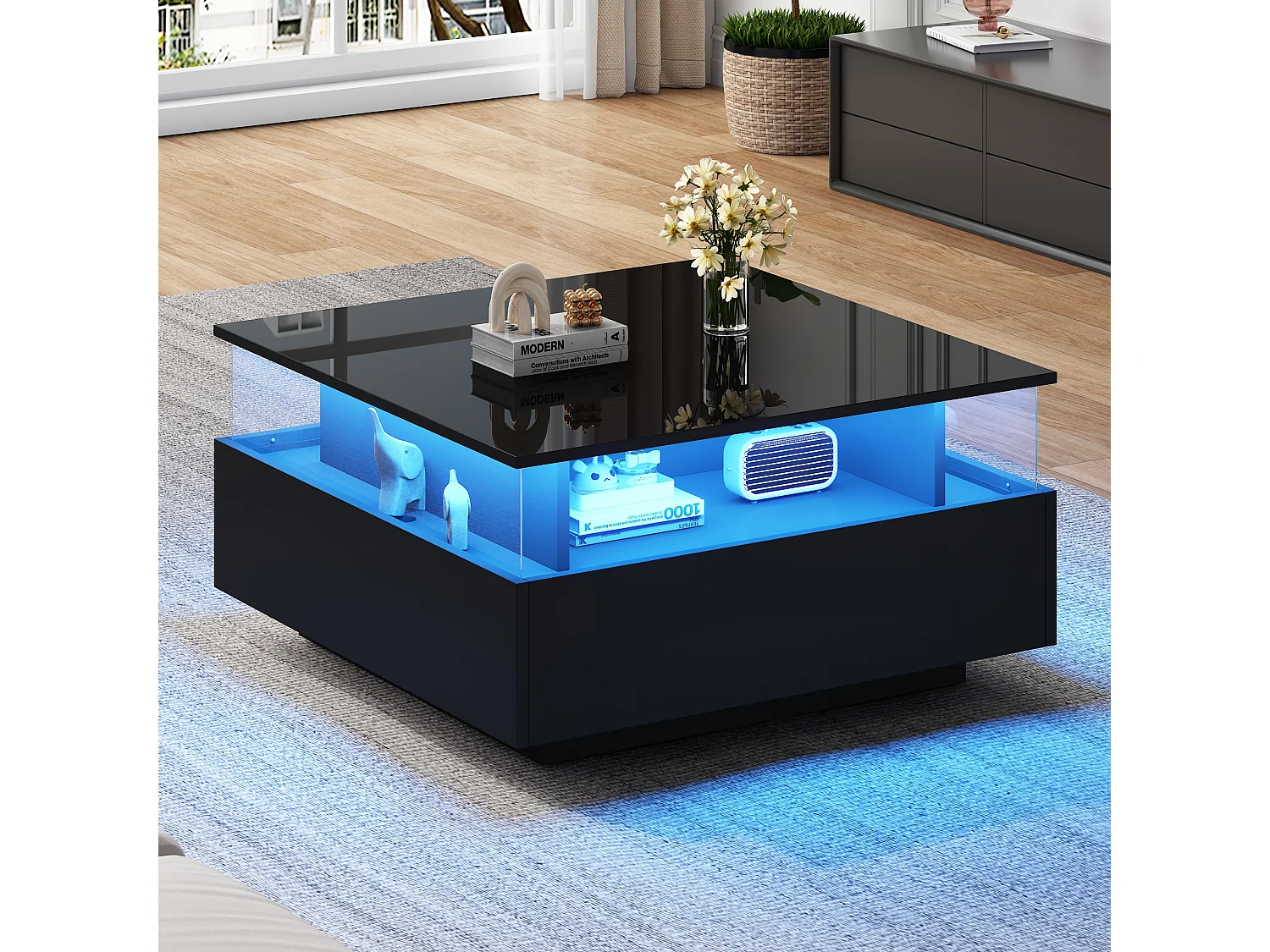 Table basse moderne LED haute brillance 70×70×41 cm avec 2 tiroirs et vitrine transparente, capacité 30 kg, idéale pour salon stylé.