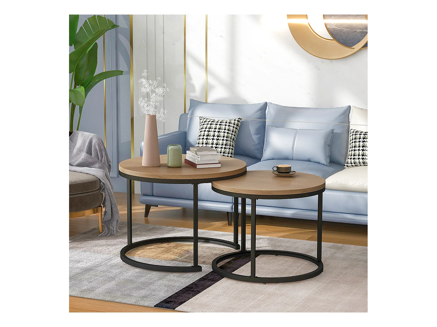 Lot de 2 tables basses rondes gigognes en chêne pour salon