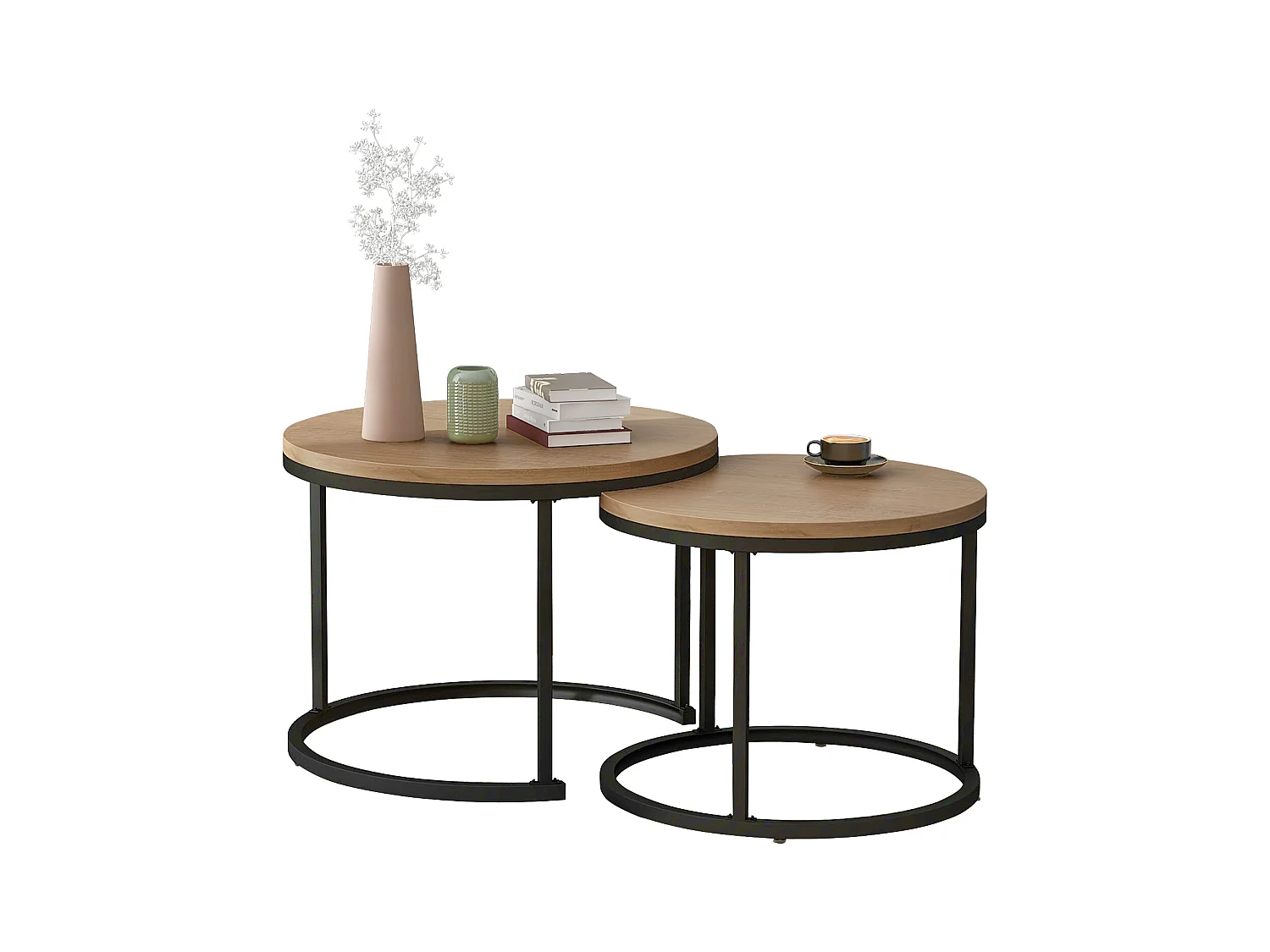Lot de 2 tables basses rondes gigognes en chêne pour salon