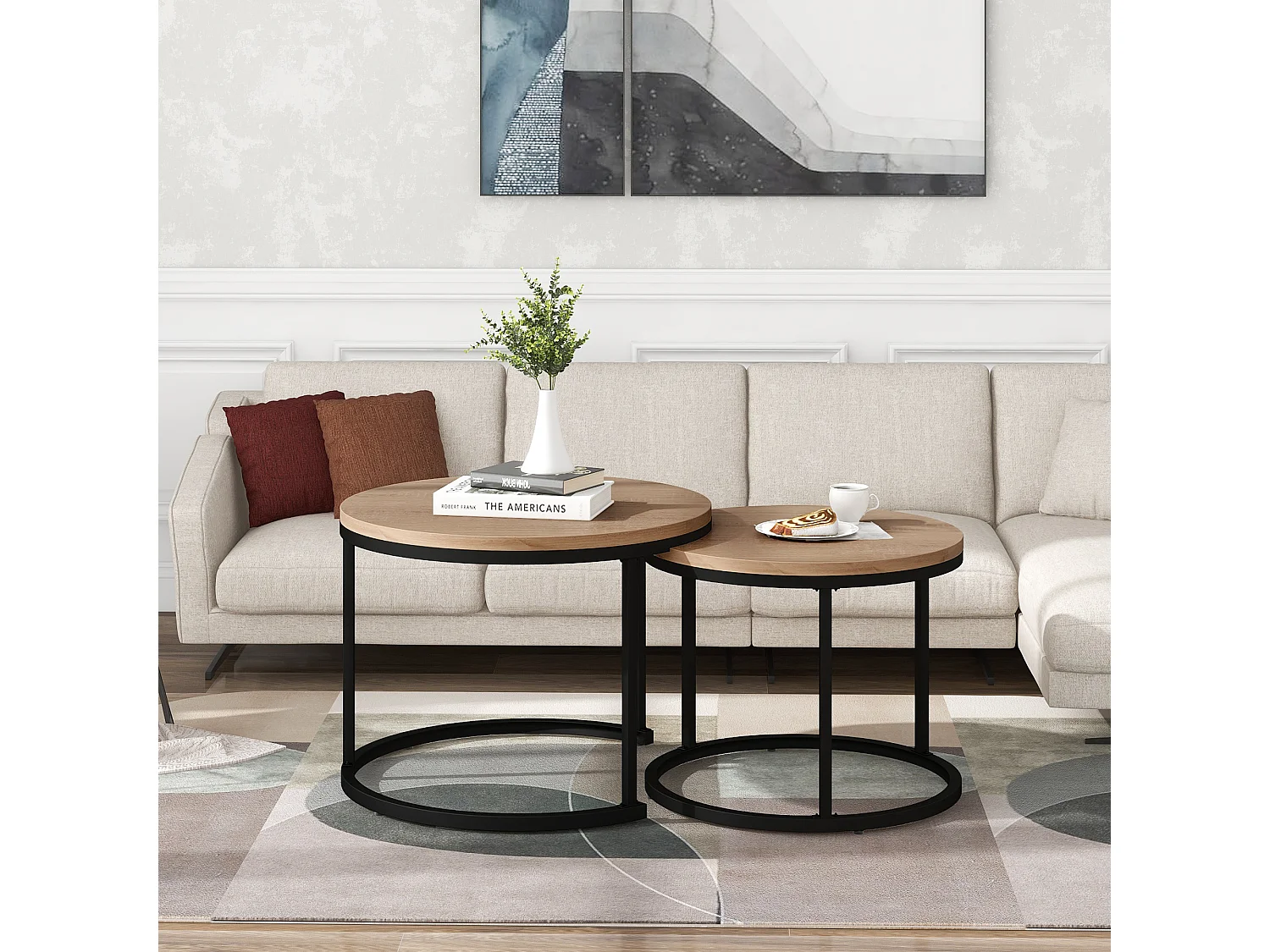 Lot de 2 tables basses rondes gigognes en chêne pour salon