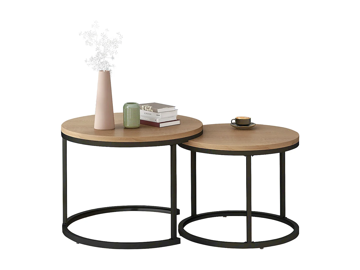 Lot de 2 tables basses rondes gigognes en chêne pour salon