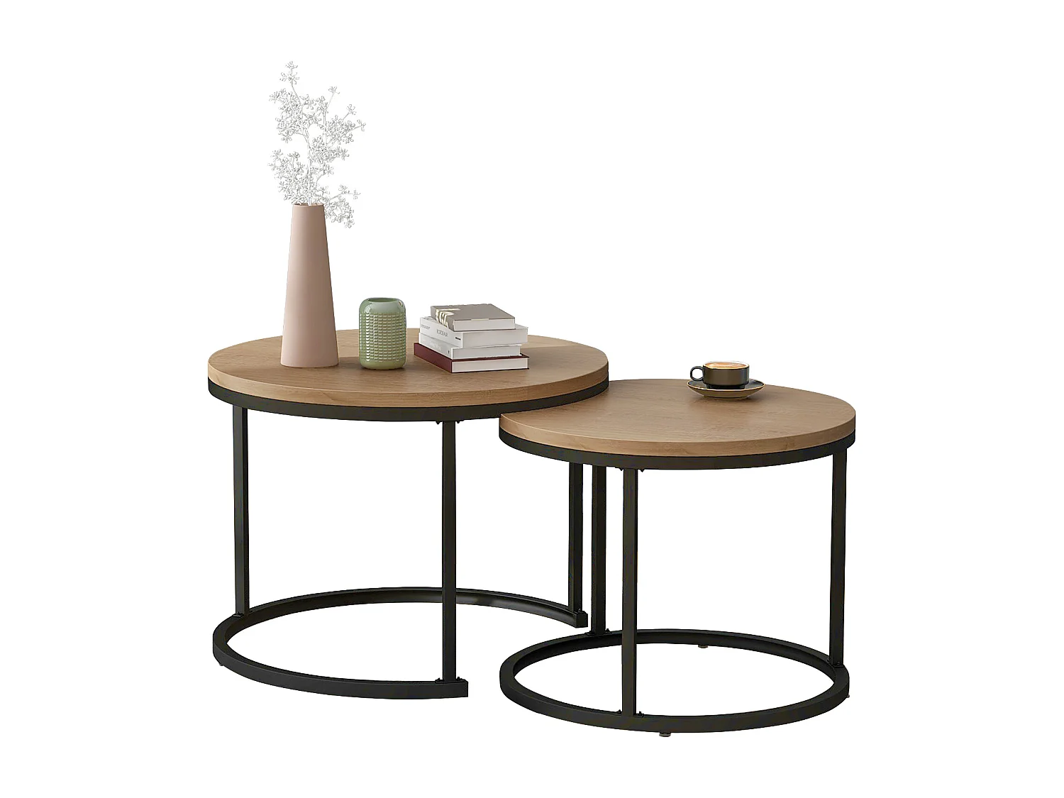 Lot de 2 tables basses rondes gigognes en chêne pour salon