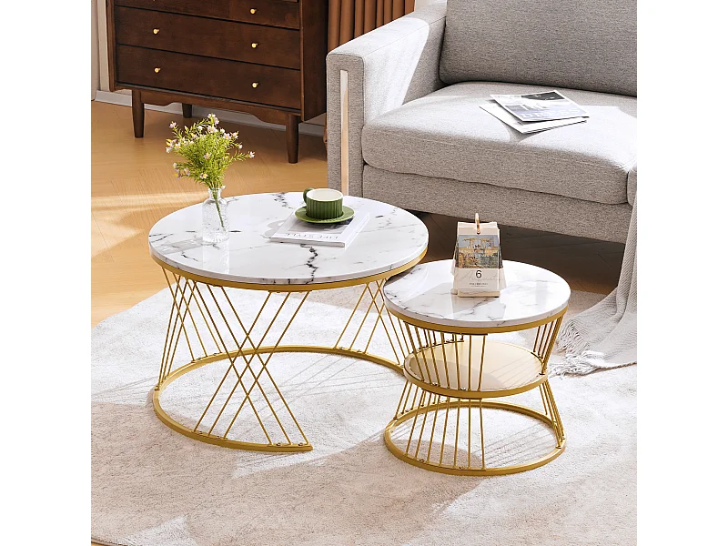 Table Basse Empilable Moderne, Set de Tables Basses en Finition Laquée, Table d'Endroit avec Marbre et Cadre Doré, Lot de 2