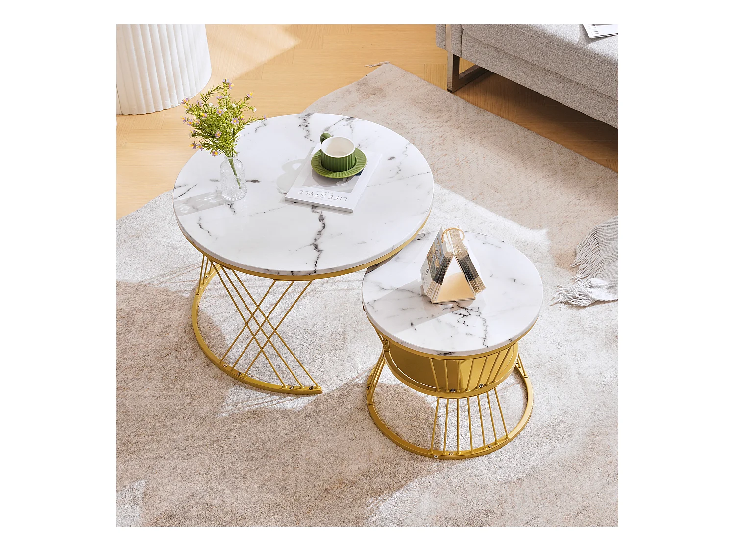 Table Basse Empilable Moderne, Set de Tables Basses en Finition Laquée, Table d'Endroit avec Marbre et Cadre Doré, Lot de 2