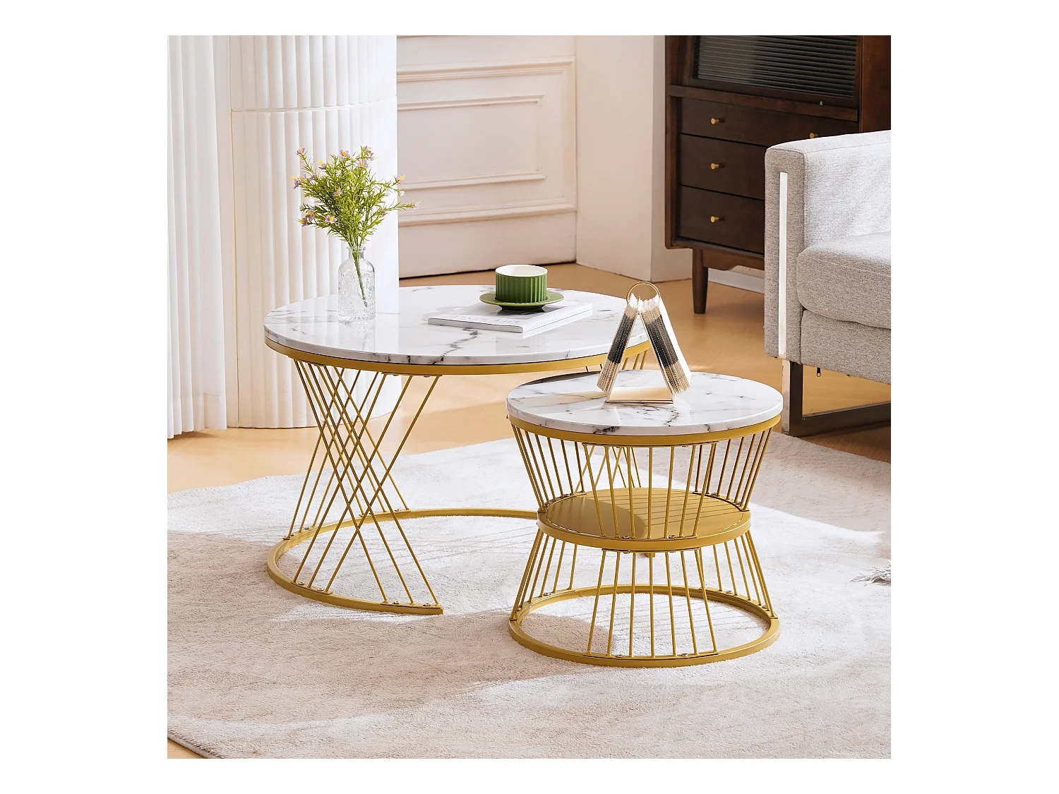 Table Basse Empilable Moderne, Set de Tables Basses en Finition Laquée, Table d'Endroit avec Marbre et Cadre Doré, Lot de 2