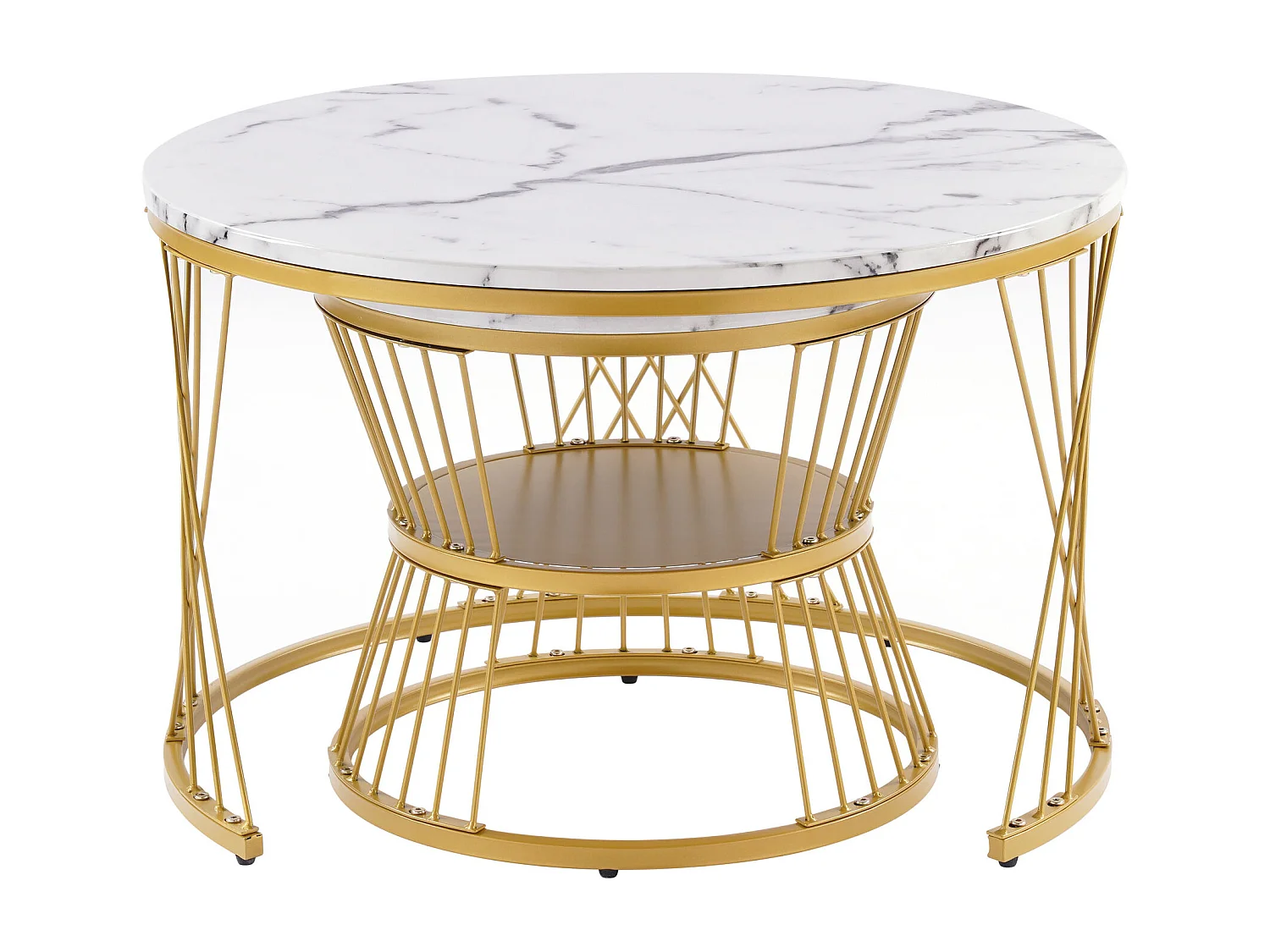 Table Basse Empilable Moderne, Set de Tables Basses en Finition Laquée, Table d'Endroit avec Marbre et Cadre Doré, Lot de 2