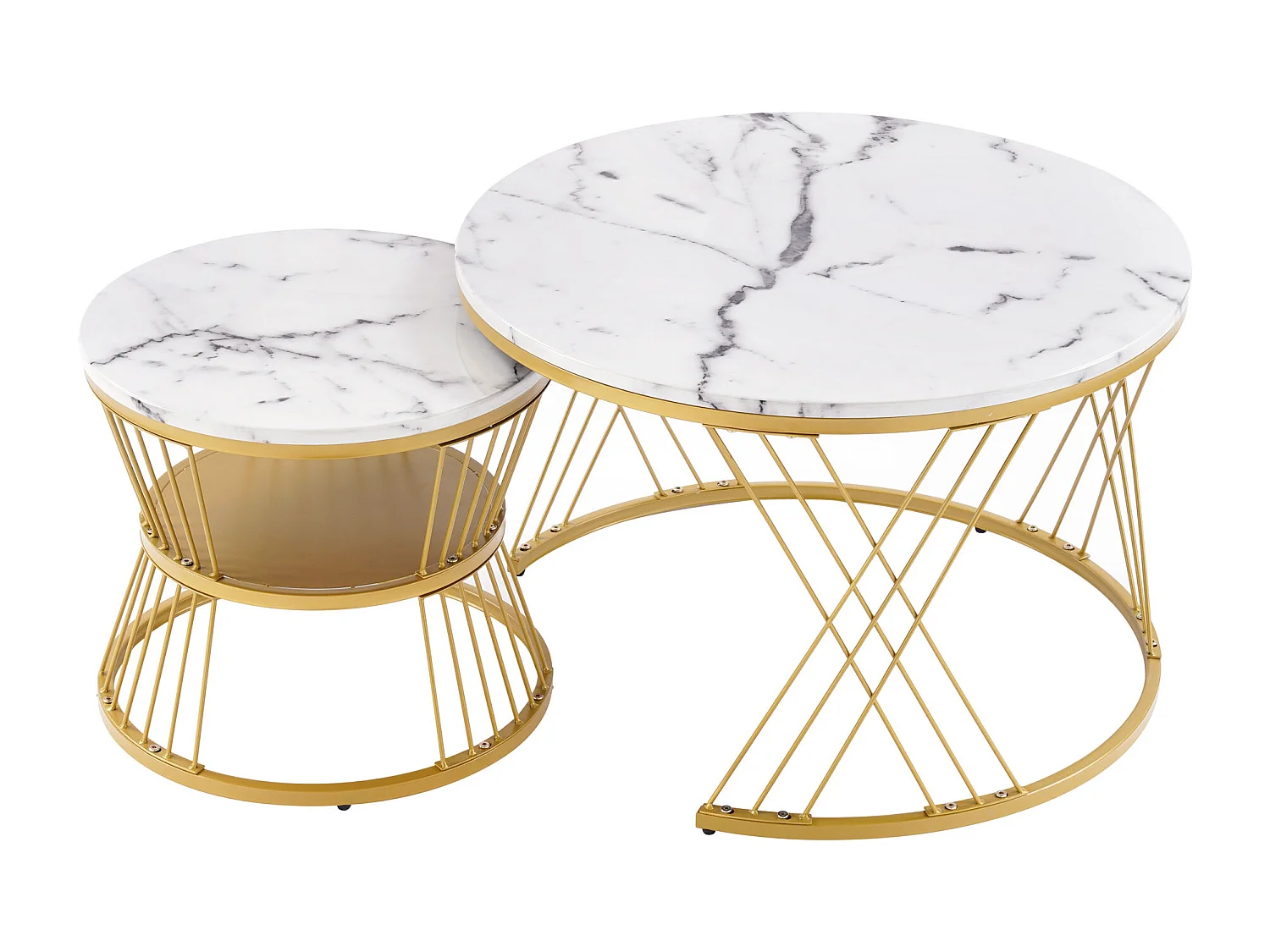 Table Basse Empilable Moderne, Set de Tables Basses en Finition Laquée, Table d'Endroit avec Marbre et Cadre Doré, Lot de 2