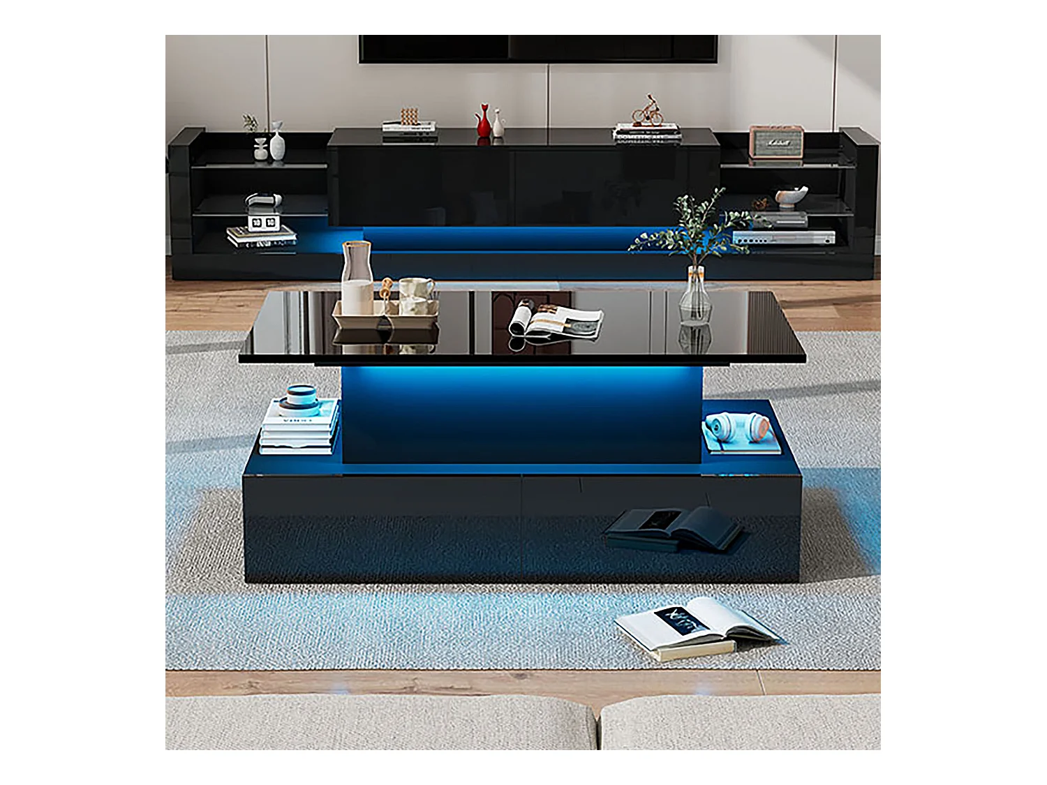 Table basse moderne blanche haute brillance avec LED et 4 tiroirs, 90×55×41 cm, table auxiliaire design avec grand espace de rangement, charge max 30 kg