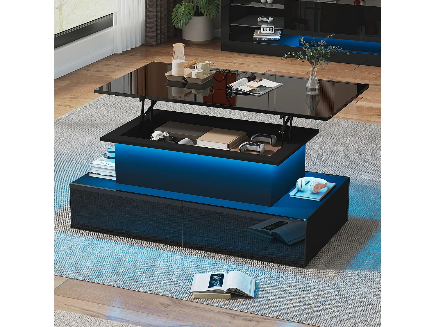 Table basse moderne blanche haute brillance avec LED et 4 tiroirs, 90×55×41 cm, table auxiliaire design avec grand espace de rangement, charge max 30 kg