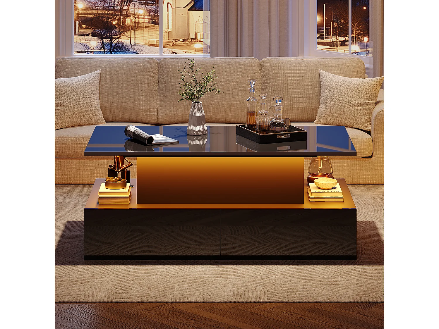 Table basse moderne blanche haute brillance avec LED et 4 tiroirs, 90×55×41 cm, table auxiliaire design avec grand espace de rangement, charge max 30 kg