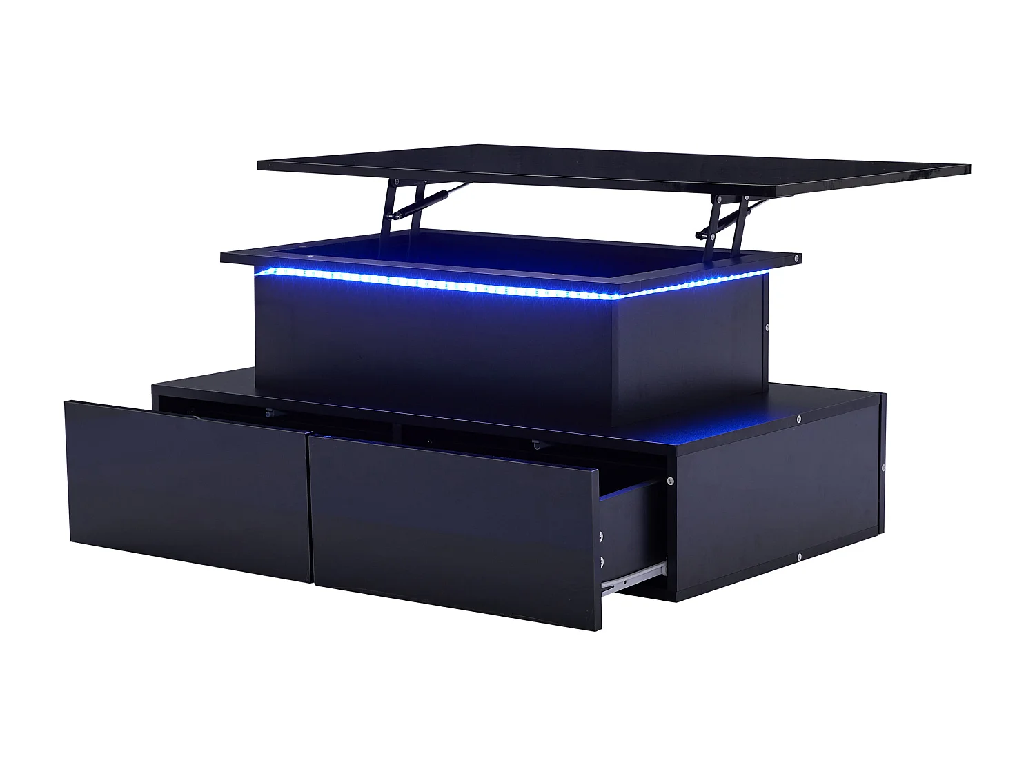 Table basse moderne blanche haute brillance avec LED et 4 tiroirs, 90×55×41 cm, table auxiliaire design avec grand espace de rangement, charge max 30 kg