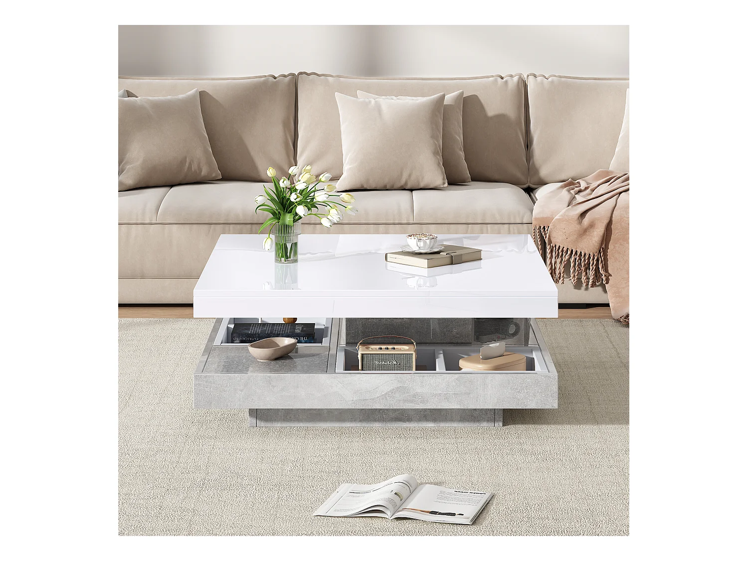 Table basse double fonctionnelle, haute brillance, plateau rotatif 360°, double plateau pivotant avec rangement, blanc effet marbre.