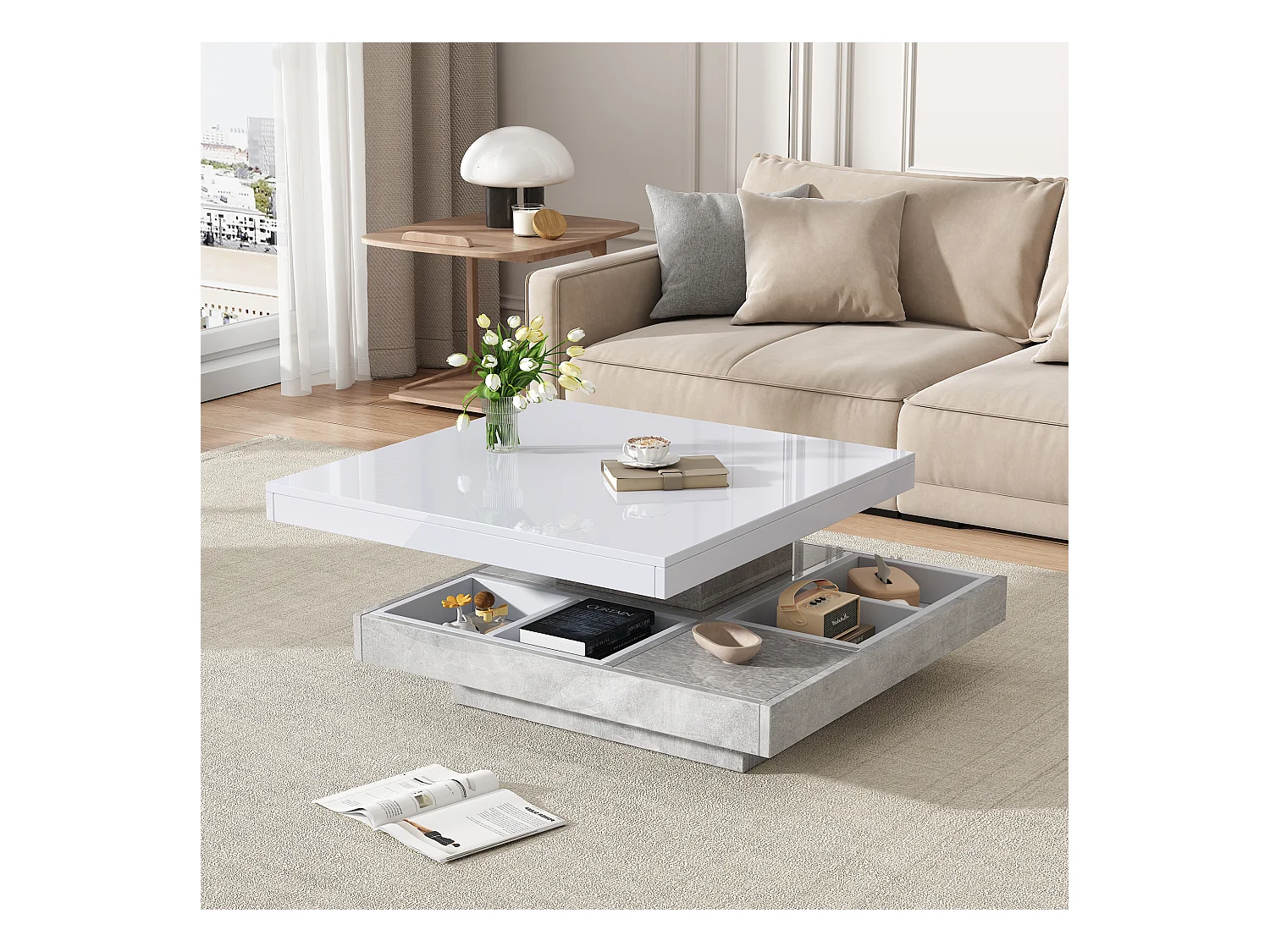 Table basse double fonctionnelle, haute brillance, plateau rotatif 360°, double plateau pivotant avec rangement, blanc effet marbre.