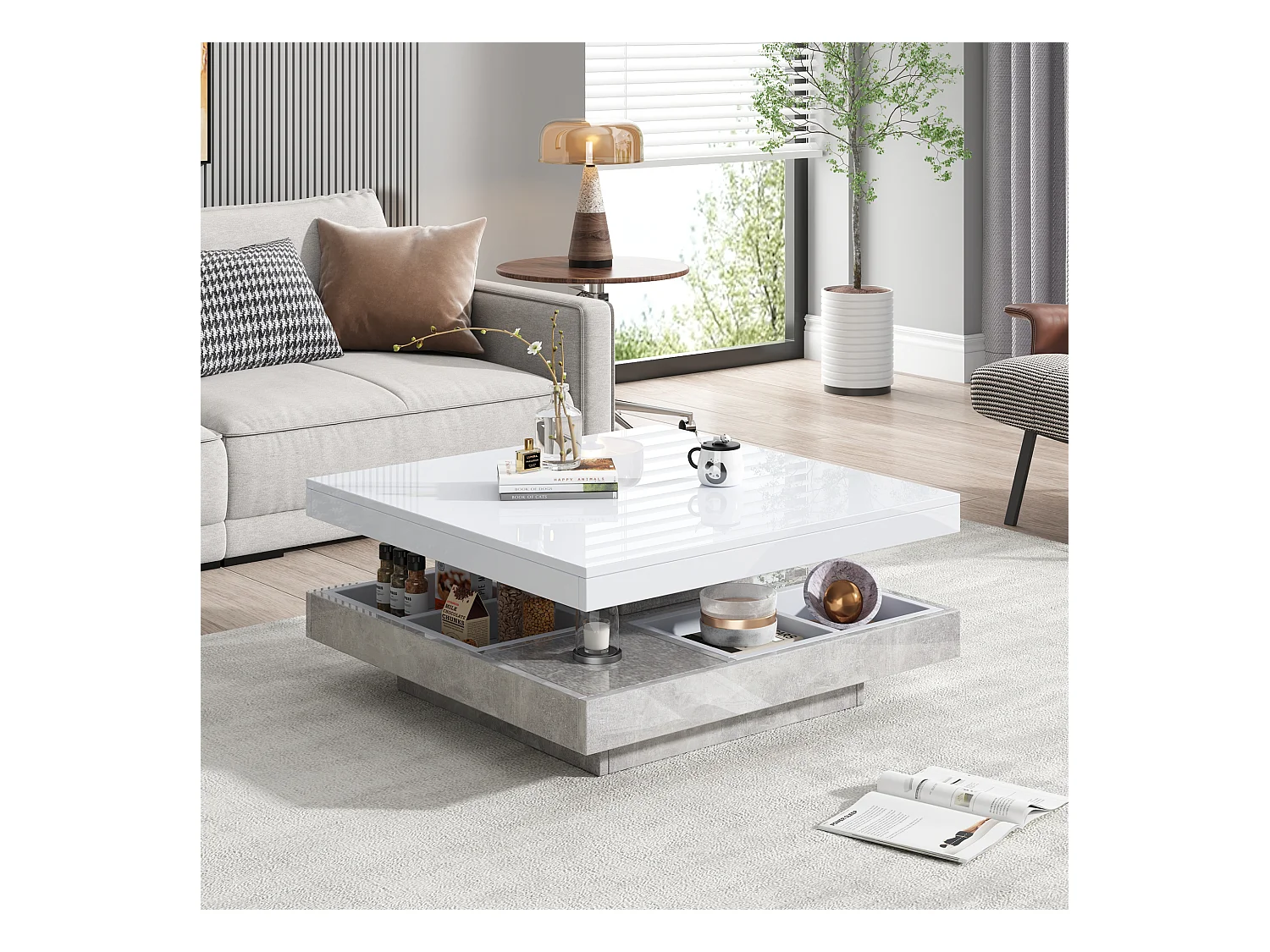 Table basse double fonctionnelle, haute brillance, plateau rotatif 360°, double plateau pivotant avec rangement, blanc effet marbre.