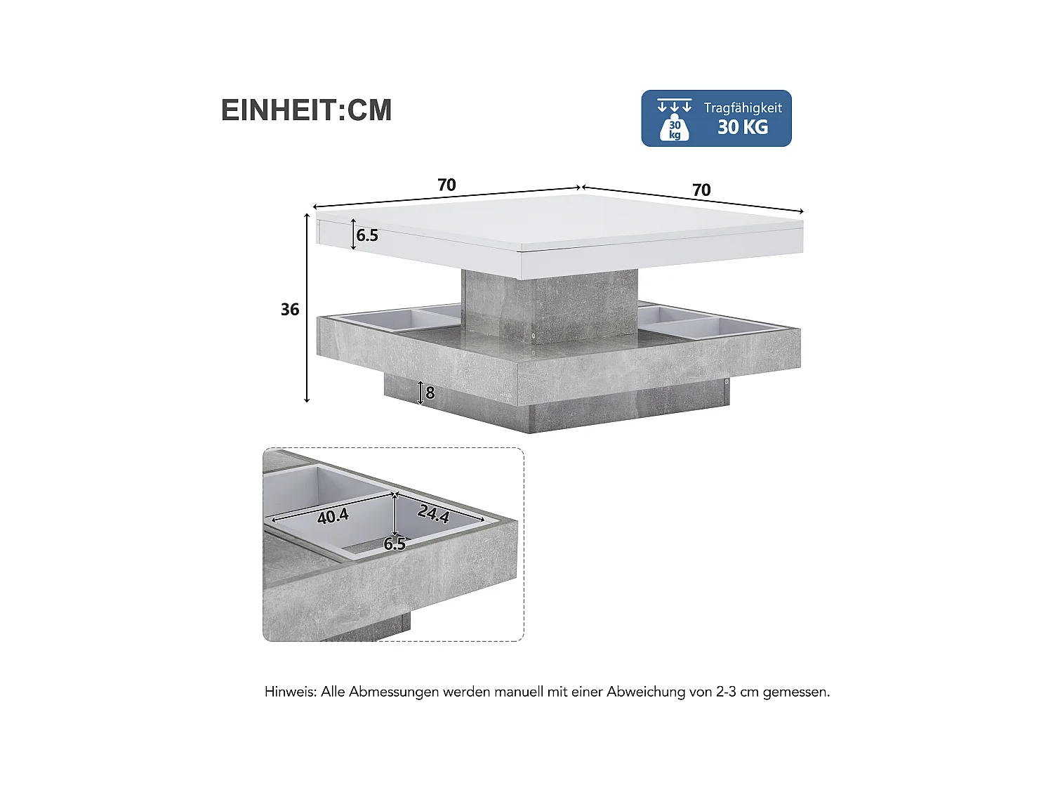 Table basse double fonctionnelle, haute brillance, plateau rotatif 360°, double plateau pivotant avec rangement, blanc effet marbre.