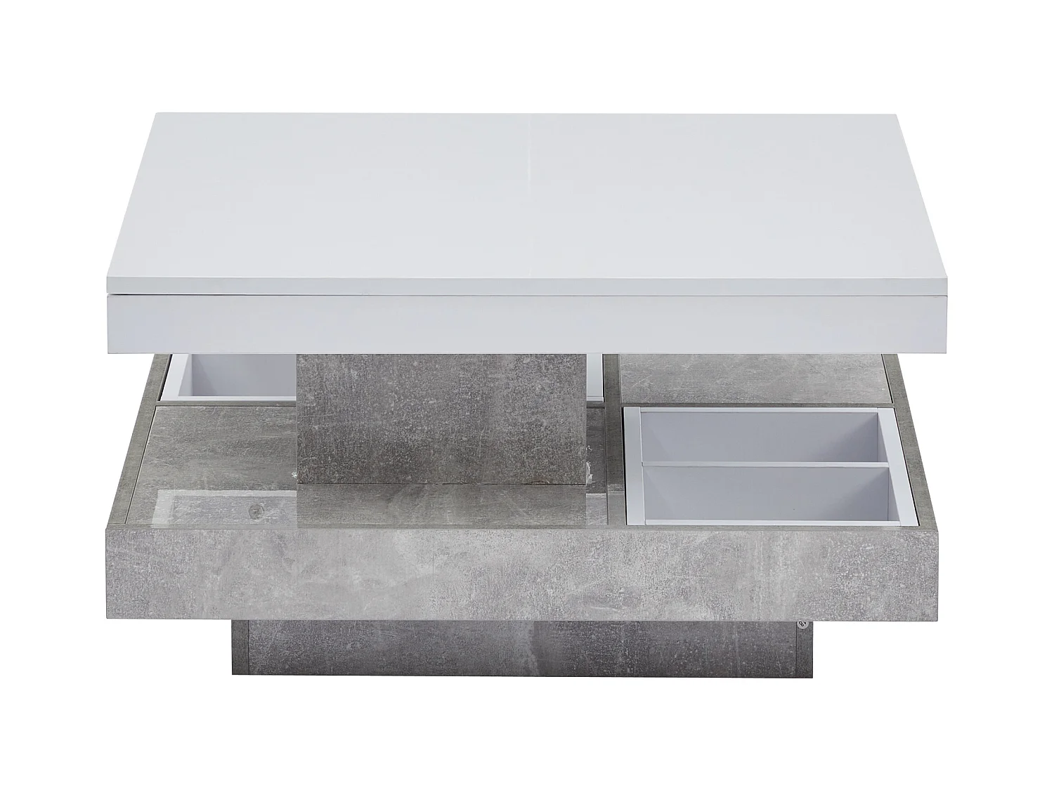 Table basse double fonctionnelle, haute brillance, plateau rotatif 360°, double plateau pivotant avec rangement, blanc effet marbre.