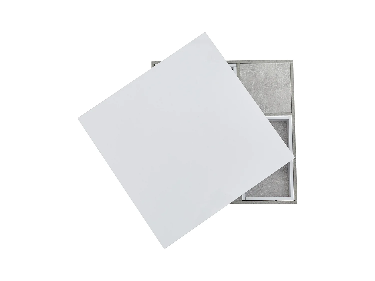 Table basse double fonctionnelle, haute brillance, plateau rotatif 360°, double plateau pivotant avec rangement, blanc effet marbre.