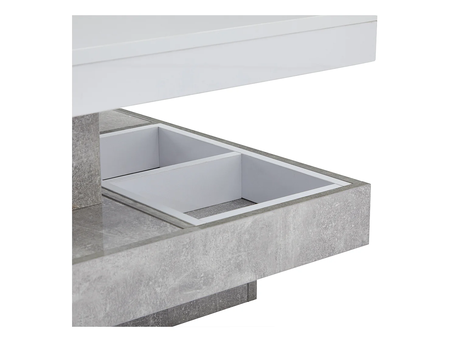 Table basse double fonctionnelle, haute brillance, plateau rotatif 360°, double plateau pivotant avec rangement, blanc effet marbre.