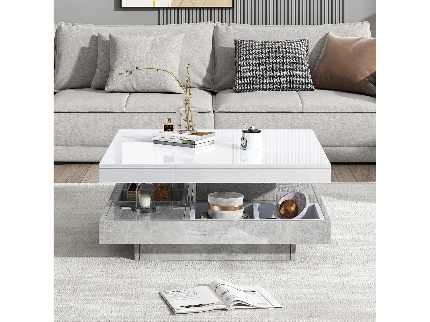 Table basse double fonctionnelle, haute brillance, plateau rotatif 360°, double plateau pivotant avec rangement, blanc effet marbre.