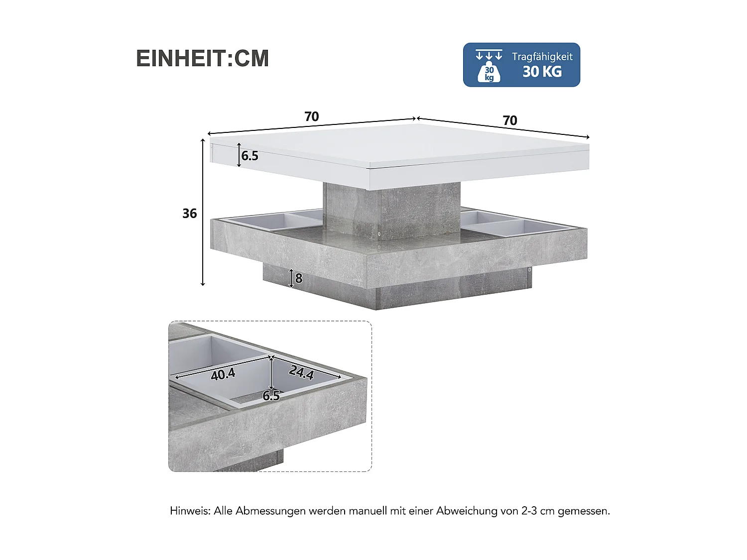 Table basse double fonctionnelle, haute brillance, plateau rotatif 360°, double plateau pivotant avec rangement, blanc effet marbre.