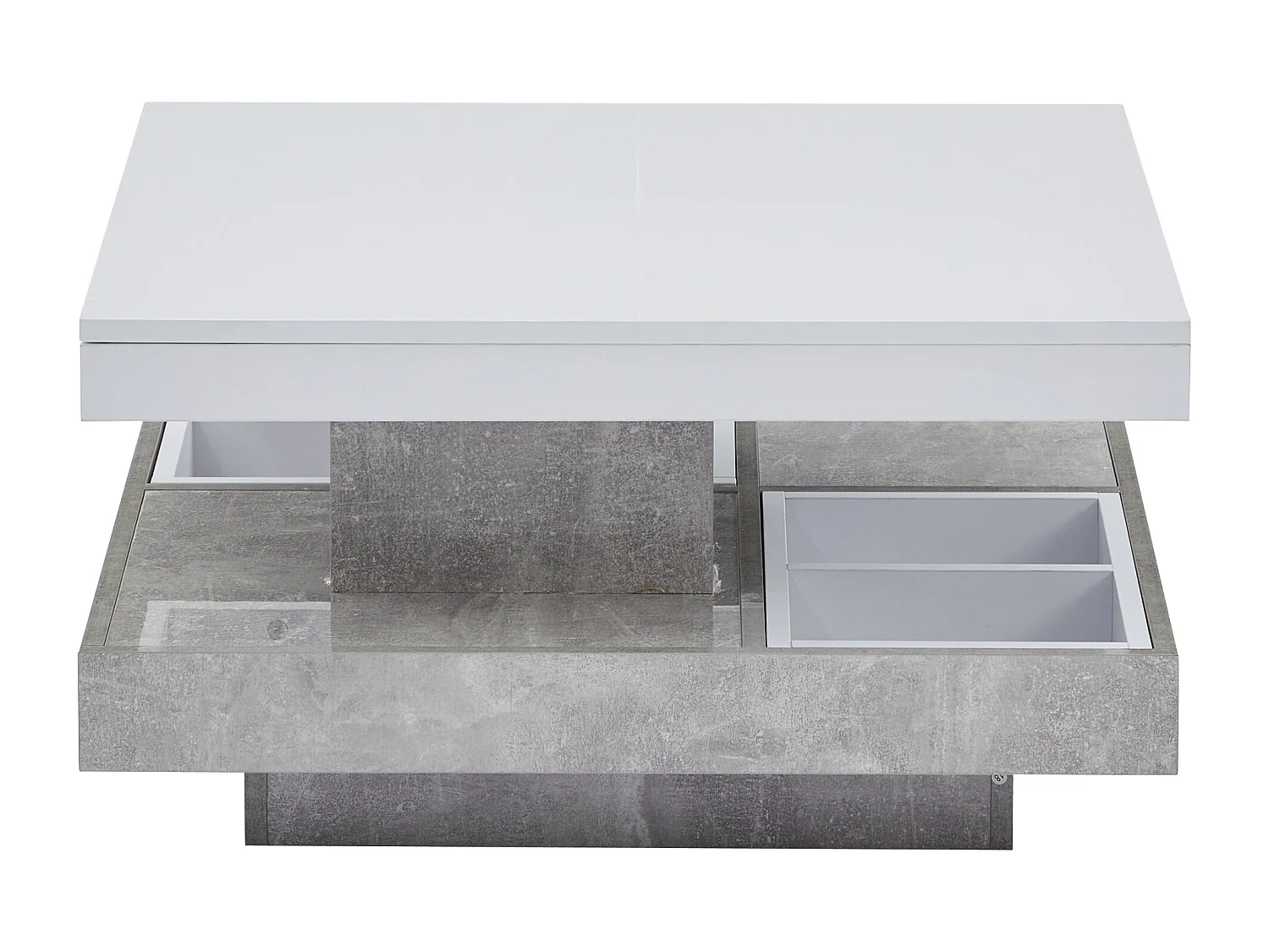 Table basse double fonctionnelle, haute brillance, plateau rotatif 360°, double plateau pivotant avec rangement, blanc effet marbre.