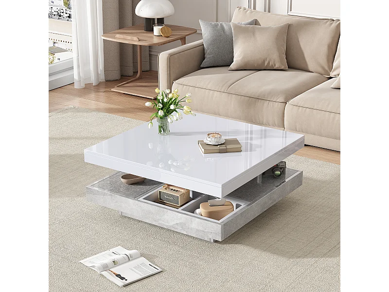 Table basse double fonctionnelle, haute brillance, plateau rotatif 360°, double plateau pivotant avec rangement, blanc effet marbre.